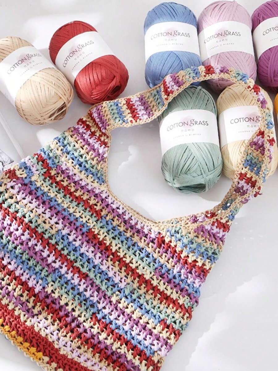 Cotton Raffia Yarn, Cotton Grass Raffia Thread, Crochet Yarn, Straw Knitting Yarn For Handmade Sun Hats & Tote Bags, Crochet Summer Hats, Beach Bags & DIY Handmade Craft - Multicolor - View 1