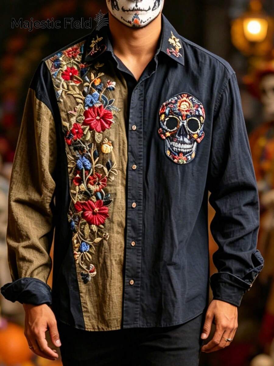 Camisa de manga larga para hombre con estampado de calaveras, ideal para un estilo casual o para ocasiones festivas. Camisa de secado rápido | Camiseta con diseño del Día de los Muertos - Azul - Ver 1