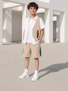 2pcs/Set Tween Boy Casual Street Style School Uniform Collar Button Down Short Sleeve Shirt And Drawstring Shorts, Spring/Summer - Khaki - View 8