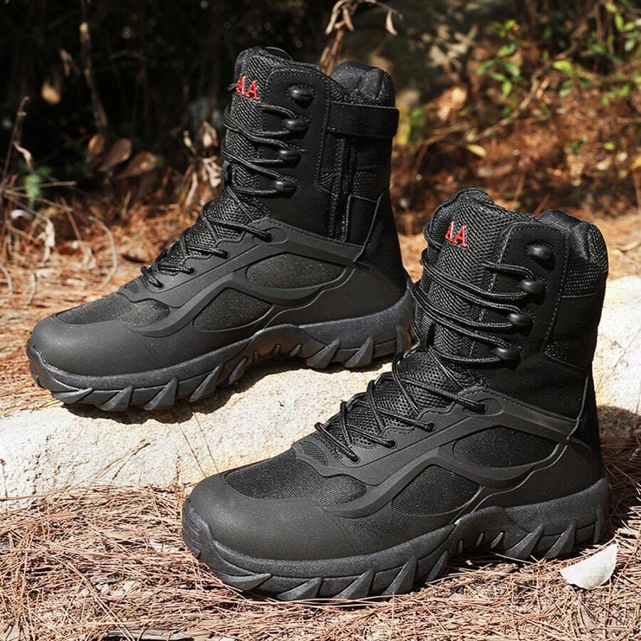 5.AA Men's Multi-Terrain Surface Hightop Wide Fit Outdoor Boots, Lightweight And Breathable Anti-Skid Mountaineering Shoes,Hiking Boot, Desert Boot,Work Footwear, Suitable For Jungle Exploration, Rock Climbing, Daily Travel, Camping, Tourism, - 黑色 - 查看 1