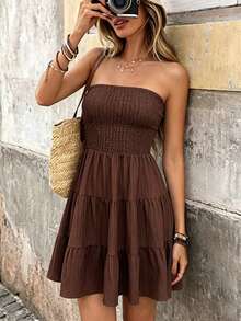 Vestido de verano sin tirantes corto de unicolor con pliegues multicapa - Marrón - Ver 5