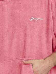 1pc Thickened Microfiber Warm Absorbent Soft Solid Color Embroidered Home Swimming Fitness Travel Beach Surfing Cape Cloak Bathrobe - Pink - View 8