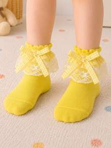 1 Pair Girls' Ruffle Lace Bow Short Socks, Princess Style Frill Baby Socks - Yellow - View 8