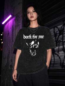 Plus Size Women's Y2K Gothic Vintage Washed Crew Neck T-Shirt, Dog Letter Print Dark Punk Top, Suitable For Commuting, Party, Summer Travel - Black - View 8