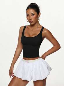 Solid Color Backless Cropped Sports Tank Top Casual Black - Black - View 3
