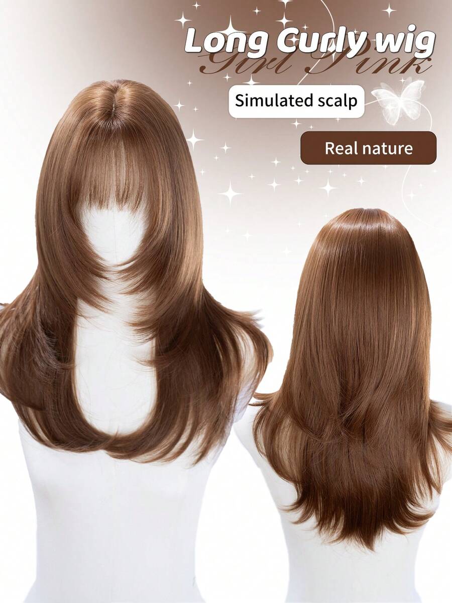alicegarden 22 Inch Long Synthetic Wig, Natural Straight Style, Stunning Brown Color. With Bangs Design, This Wig Piece Is Perfect For Women's Daily Wear, Parties And Cosplay, Providing A Natural And Durable Wig Gift., Halloween - Brown - View 1
