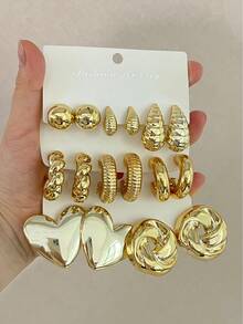 8 Pairs Fashionable Heart Geometric Multi- Gold Metallic Earring Set, Women's Fashion Earring Set, For Daily Wear - Yellow Gold - View 4