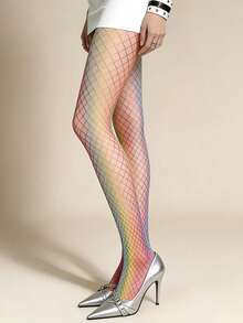 Rainbow Gradient Fishnet Thigh High Stockings, Colorful Hollow Mesh Over-The-Knee Socks, Fashion Nightclub Party Cosplay Women's Hosiery, 1/2 Pairs - Multicolor - View 7