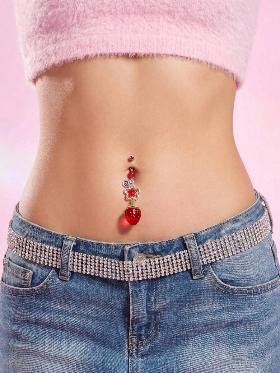 1pc 14G Stainless Steel Flower Belly Ring For Women CZ Strawberry, Star Belly Button Rings Y2k Cute Belly Piercing Jewelry, For Daily, Gift, 10MM - Multicolor - View 1