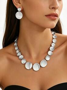 2pcs/Set Summer Beach Vacation Style Geometric Asymmetrical Circle Mesh Texture Embossed Metallic Finish Patchwork Halter Neck Necklace & Earrings Set, Elegant Elegant Metal Style Jewelry Set For Women - Silver - View 3