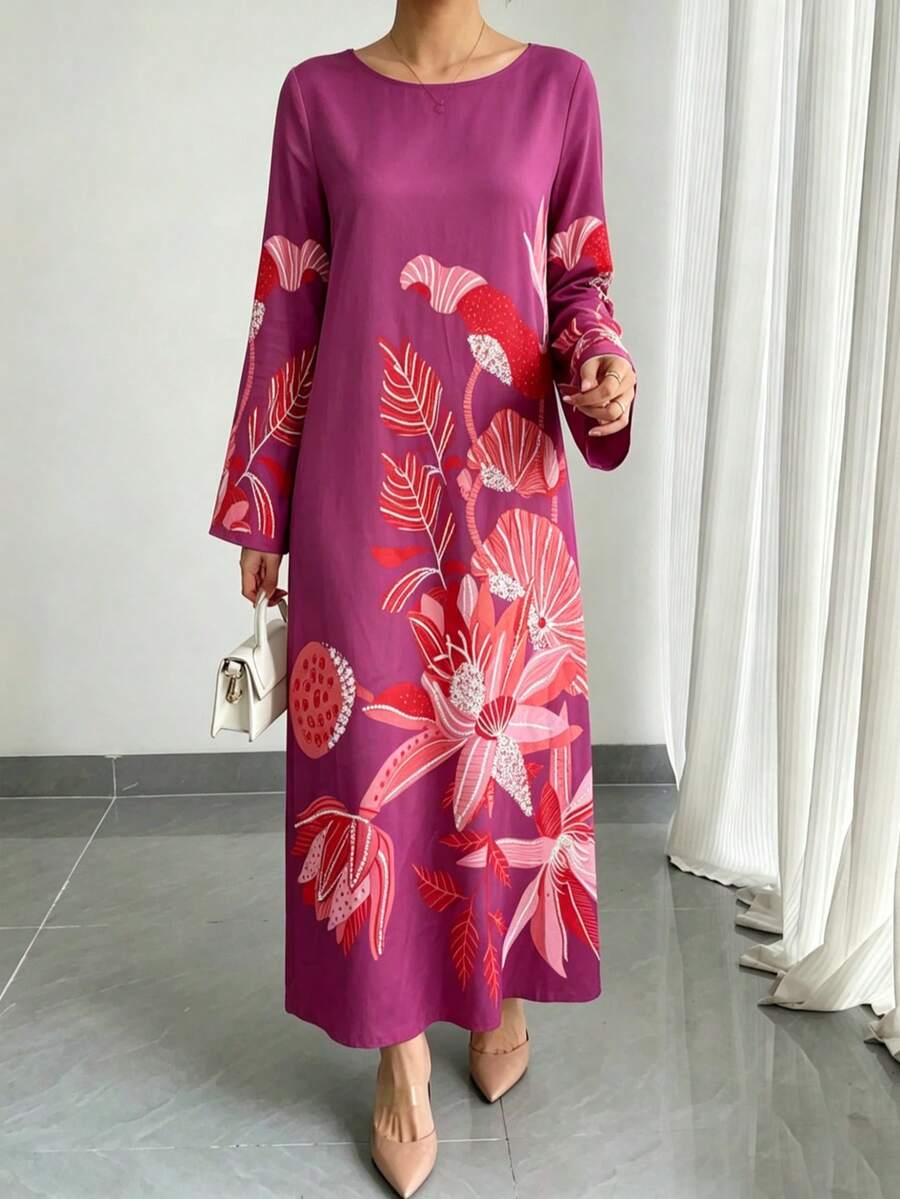 1pc Women's Orange Floral Print Casual Dress With Ruffle Sleeves, Elegant Arabic Style Maxi Dress, Luxury Party/Holiday/Vacation Dress, Perfect Gift For Mom, Daughter, Friend - Hot Pink - View 1