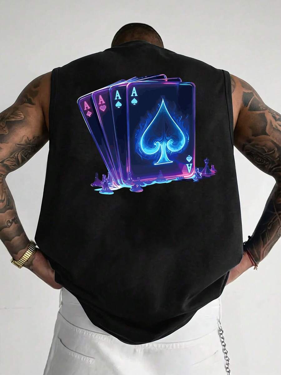 Tank Top Minimalis Leher Bulat Motif Poker Warna-warni Kasual untuk Pria - Hitam - View 1