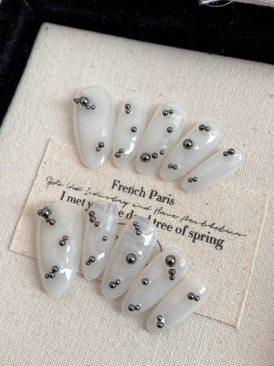 Oval Press On Nails, Milky White Full Cover Fake Nails With Metal Charms, Glossy Reusable False Nails For Women, Daily Wear Nail Decor - Multicolor - View 1