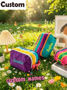 Customizable Name Large Capacity Color Block Makeup Bag, Portable Waterproof Travel Toiletry Storage Bag, Multi-Layer Cosmetic Organizer, Bridesmaid Gift For Women, Personalized Beach And Daily Use Makeup Bag, Aesthetic - Multicolor - View 2
