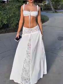 Women 2 Piece Cover Up Set Tie-Up Cami Tops And Patchwork Lace Low Rise Long Skirt For Beach Party - White - View 4