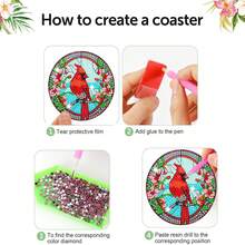 鳥類 8件組 DIY 鑽石畫杯墊套組，圓形高光澤水鑽表面，附完整工具組，黏著牢固，適合初學者，舒壓手工藝，新年春節情人節聖誕節教師節節日禮物，居家餐桌咖啡桌隔熱裝飾杯墊，送給家人朋友閨蜜老師的禮物 - 彩色 - 查看 4
