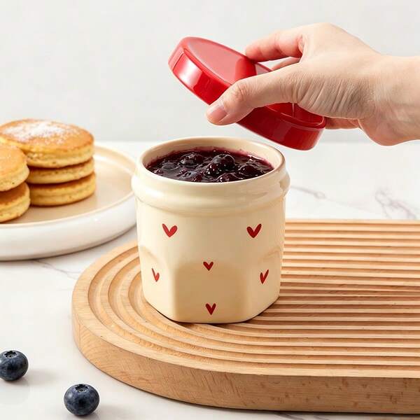 1pc 330ml/11oz Cute Heart Pattern Ceramic Food Storage Jar With Lid, Wide Mouth Jam Jar Salad Jar Overnight Oats Containers With Lid For Snacks Yogurt Sugar Jam Jelly Preserves, Perfect For Home Office Picnic Party