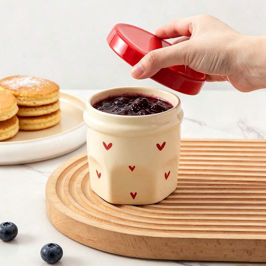 1pc 330ml/11oz Cute Heart Pattern Ceramic Food Storage Jar With Lid, Wide Mouth Jam Jar Salad Jar Overnight Oats Containers With Lid For Snacks Yogurt Sugar Jam Jelly Preserves, Perfect For Home Office Picnic Party - Multicolor - View 1