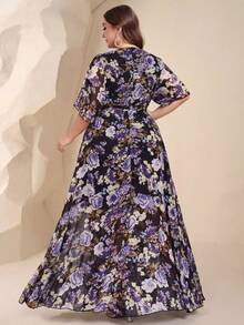 UNITHORSE 大尺碼女款V領蕾絲袖花卉印花正式洋裝 - 彩色 - 查看 2