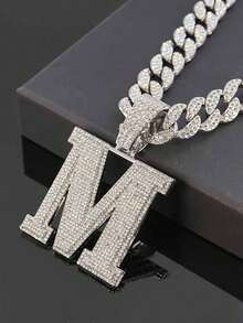 Rhinestone Large Letter M Pendant Cuban Chain, Men's Hip Hop Shiny Diamond Necklace Jewelry - M Pendant Necklace - View 5