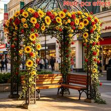 2pcs Artificial Sunflower Yellow Red Rose Vine 90.9 Inch, Easy To Hang Faux Floral Garland, Suitable For Outdoor Garden Wedding Arch Ceiling Message Wall Staircase Hotel Decoration - Multicolor - View 4