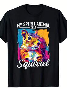 Camiseta de hombre con estampado divertido de ardilla - Diseño retro audaz con la frase Mi animal del alma una ardilla, estampado colorido con efecto de salpicaduras, cuello redondo sua - Negro - Ver 1