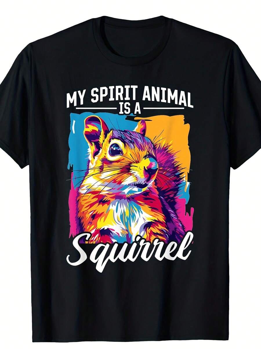 Camiseta de hombre con estampado divertido de ardilla - Diseño retro audaz con la frase Mi animal del alma una ardilla, estampado colorido con efecto de salpicaduras, cuello redondo sua - Negro - Ver 1