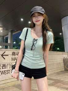 U領短袖T恤，彈性修身純色百搭休閒上衣 - 綠色 - 查看 4