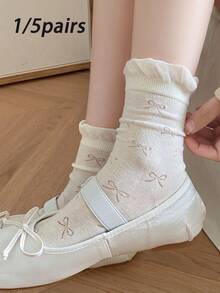 1/5 Pairs White Women's Bow Mid-Calf Socks, Korean Style Sweet Socks, Preppy Style Socks Versatile For Daily Wear - White - View 1