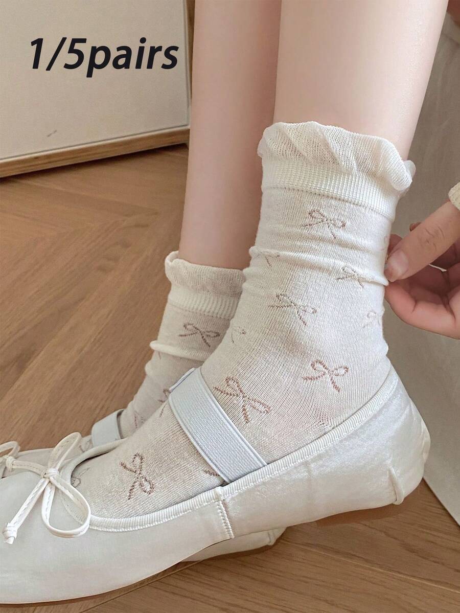 1/5 Pairs White Women's Bow Mid-Calf Socks, Korean Style Sweet Socks, Preppy Style Socks Versatile For Daily Wear - White - View 1