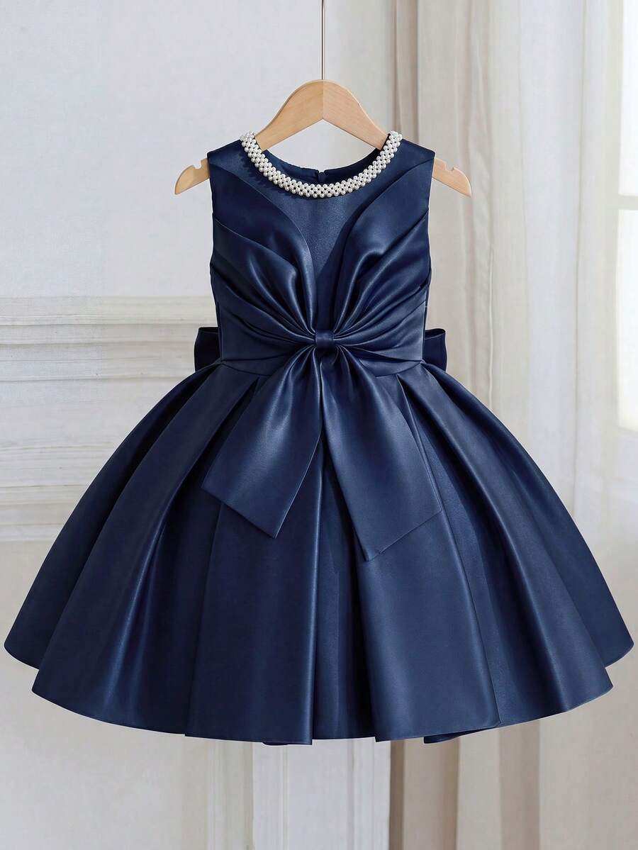 Young Girl Royal Blue Elegant Round Neck Beaded Decor Pleated Bow Tie Satin Short Dress For Birthday Party Celebration Wedding Flower Girl Princess Dress Prom Dress Back To School Graduation Ceremony Banquet Evening Gown
