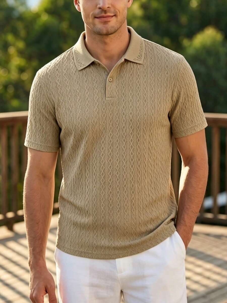 男士快乾冰絲寬鬆薄款針織提花工藝POLO衫 夏季短袖街頭風素色上衣 - 卡其色 - 查看 1