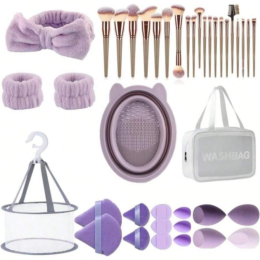 40 pcs brushes Herramientas. Incluye pinceles de maquillaje, cintas para el pelo, muequeras, huevos de esponja de belleza, puffs, neceser de maquillaje y cuencos para limpiar los pPurple - Morado - Ver 1