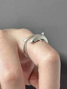 1 pieza Anillo abierto con forma de tiburón geométrico, minimalista, versátil y exquisito, adecuado para que las mujeres lo usen en cualquier ocasión, citas, regalo para seres queridos - Plateado - Ver 1