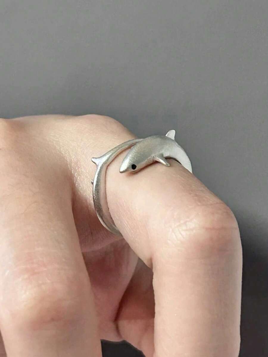 1 pieza Anillo abierto con forma de tiburón geométrico, minimalista, versátil y exquisito, adecuado para que las mujeres lo usen en cualquier ocasión, citas, regalo para seres queridos - Plateado - Ver 1