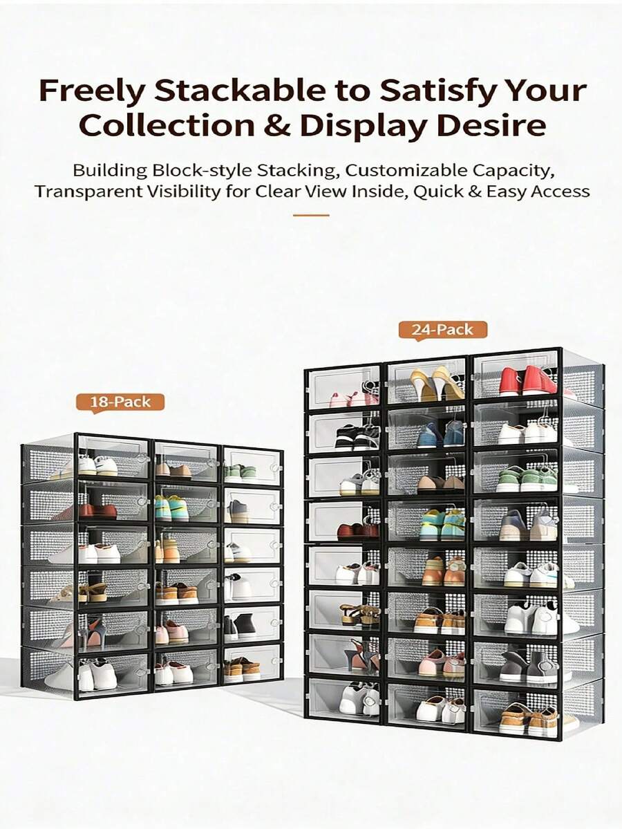 24/12/6/3/1pc Large Shoe Boxes, Back To School, Stackable Modular Shoe Boxes, Transparent Plastic With Lid Shoe Boxes, Shoe Display Boxes, White, Black, Grey - View 1