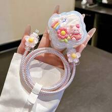 5pcs/Set 3D Cream Glue Dopamine Color Floral Rainbow Rabbit UK 20W Charger Protective Case Data Cable Wrap Anti-Break Cable Sleeve - Rainbow Rabbit - View 2