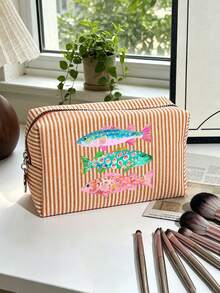 Seersucker Small Makeup Bag, Striped Embroidered Makeup Bag, Large Capacity Cosmetic Storage Bag, Travel Toiletry Bag, Perfect For Beach Trips, Swimming, Shopping And Daily Use, Suitable For Women, Travelers And Beach Lovers, Perfect For Spring Break, Easter, Mother's Day, Vacation And Gift Giving, Woven Material, Can Be Used As A Beach Bag, Shopping Bag And Travel Companion - Multicolor - View 9
