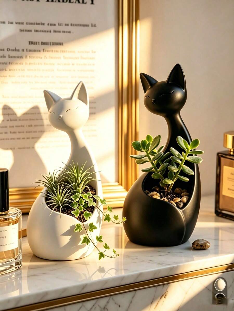 1pc Multifunctional Cat-Shaped Storage Decor, Multipurpose Plant Pot And Key Holder, 2-In-1 Resin Desktop Organizer, Creative Succulent Planter, Entryway Key Storage Box, Minimalist Home Decor, Suitable For Living Room, Bedroom And Entryway - A - View 1