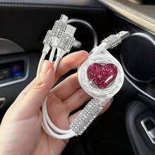 Cable de carga retráctil para coche con rhinestones 3 en 1, cable de carga USB, carga rápida, cable de carga rápida 3 en 1 compatible con dashcam, iPad, GPS y otros dispositivos, regalo ideal para fiestas/cumpleaños - Cable de datos de ballet elegante - Ver 41
