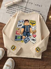 Boys Pixel Game Character Back Print Long Sleeve Tee, Casual Loose Fall T-Shirt - Apricot - View 3