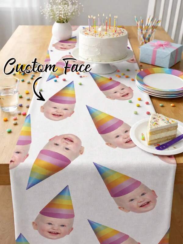 Chemins de table personnalisables (incluant des options de personnalisation photo), décoration de table à manger et accessoires de table; avec un design de style fanion, ils conviennent pour les anniversaires, les fêtes, les commémorations, les vacances et diverses autres occasions.