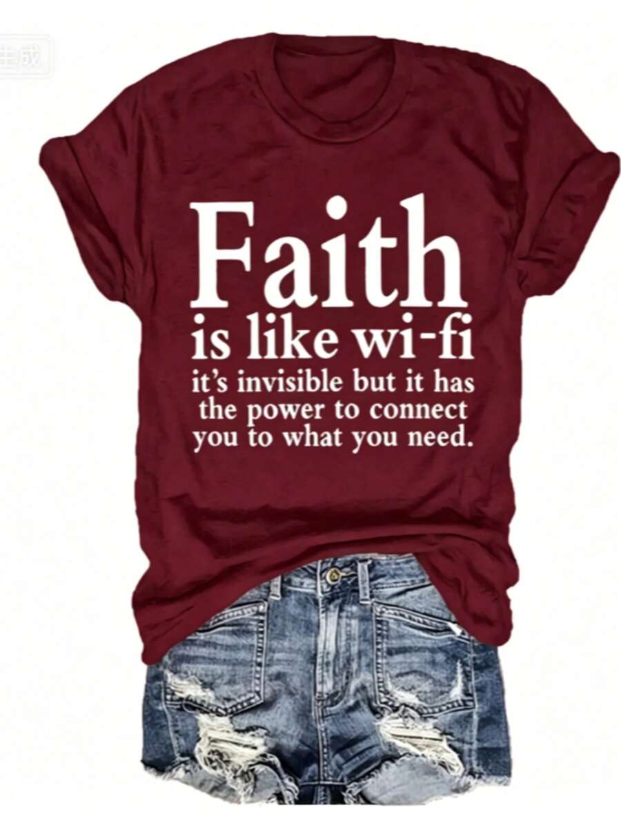 Women Christian Faith Letter Print T-Shirt, Faith Is Like Wi-Fi Graphic Round Neck Short Sleeve 100% Cotton Summer Top, Plus Size All Season - 酒紅色 - 查看 1