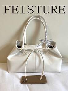 FEISTURE 1pc Solid Color Strap Shoulder Bag, Fashionable Handheld Bow Knot Tote Bag, Suitable For Girls, Women, College Students, New Professionals And White-Collar Workers, Perfect For Work, Business, Commute, School - White - View 5