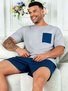 Men's Plus Size Casual Loose Minimalist Sporty Wearable Spring Summer Pocket Crew Neck Short Sleeve T-Shirt And Shorts Pajama Set 2-Piece - Blue and White - View 5