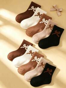 5/10 Pairs Girls Socks With Bow Knot Pattern Decoration, Simple Fashion Versatile Casual, Skin-Friendly Comfortable Soft Breathable Mid-Calf Socks, Suitable For Daily Wear/Holiday Gifts/Back To School Season, Random Color - Multicolor - View 3