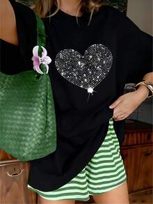 Sparkly Silver Glitter Heart Balloon Graphic T-Shirt, 100% Cotton Oversized Soft Fun Tee, Casual Crewneck Top For Parties & Teen Girls - 黑色 - 查看 12
