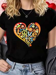 Playera Mujer Transpirable Verano Tropical Vacation OutfitsPretty 60s 70s Hippie Peace Love Heart Peace Sign 1 Pcs Camiseta de Mujer 100% Poliéster Divertida Oversized Gráfica de Manga Corta - Negro - Ver 1
