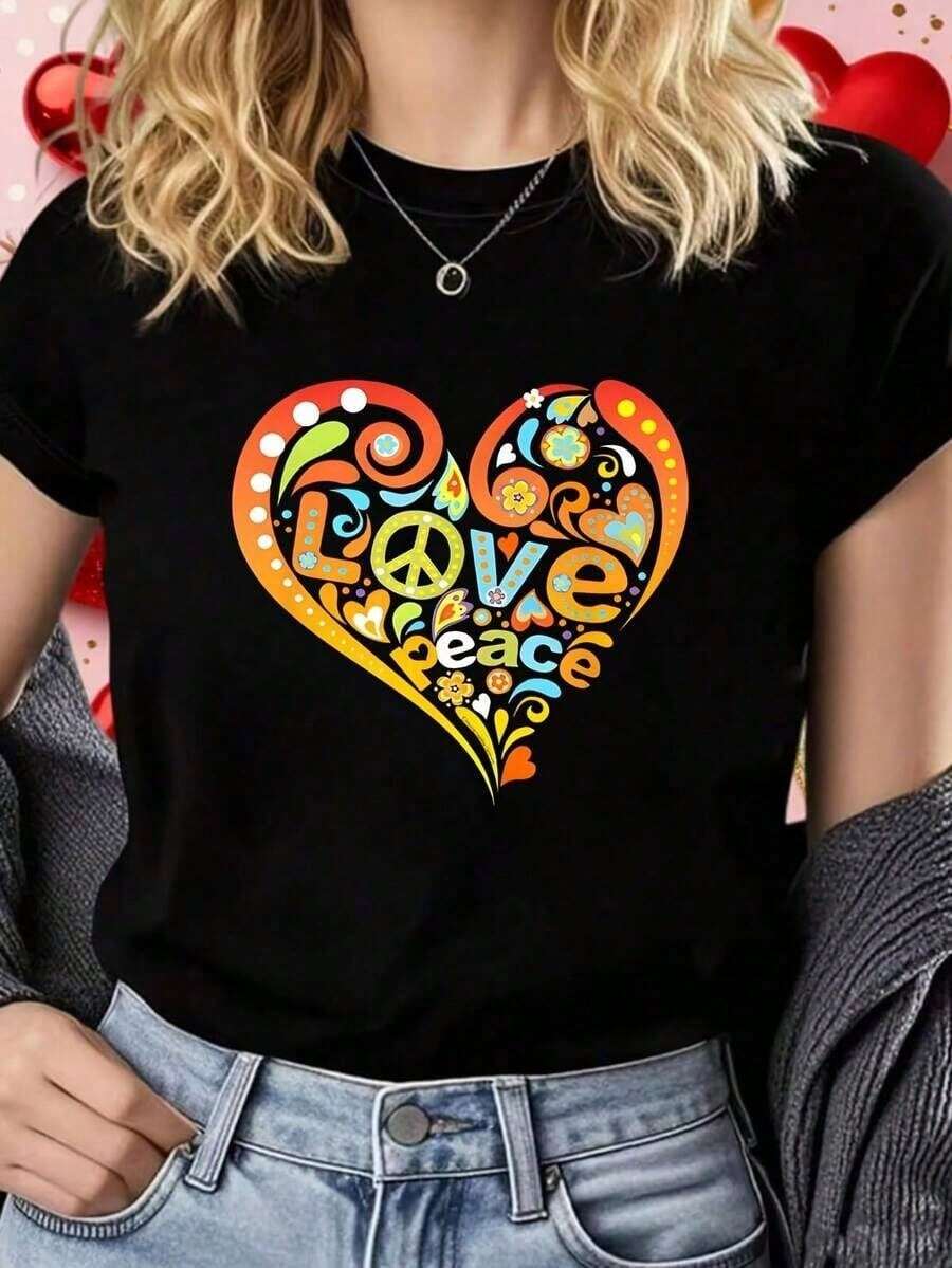 Playera Mujer Transpirable Verano Tropical Vacation OutfitsPretty 60s 70s Hippie Peace Love Heart Peace Sign 1 Pcs Camiseta de Mujer 100% Poliéster Divertida Oversized Gráfica de Manga Corta - Negro - Ver 1
