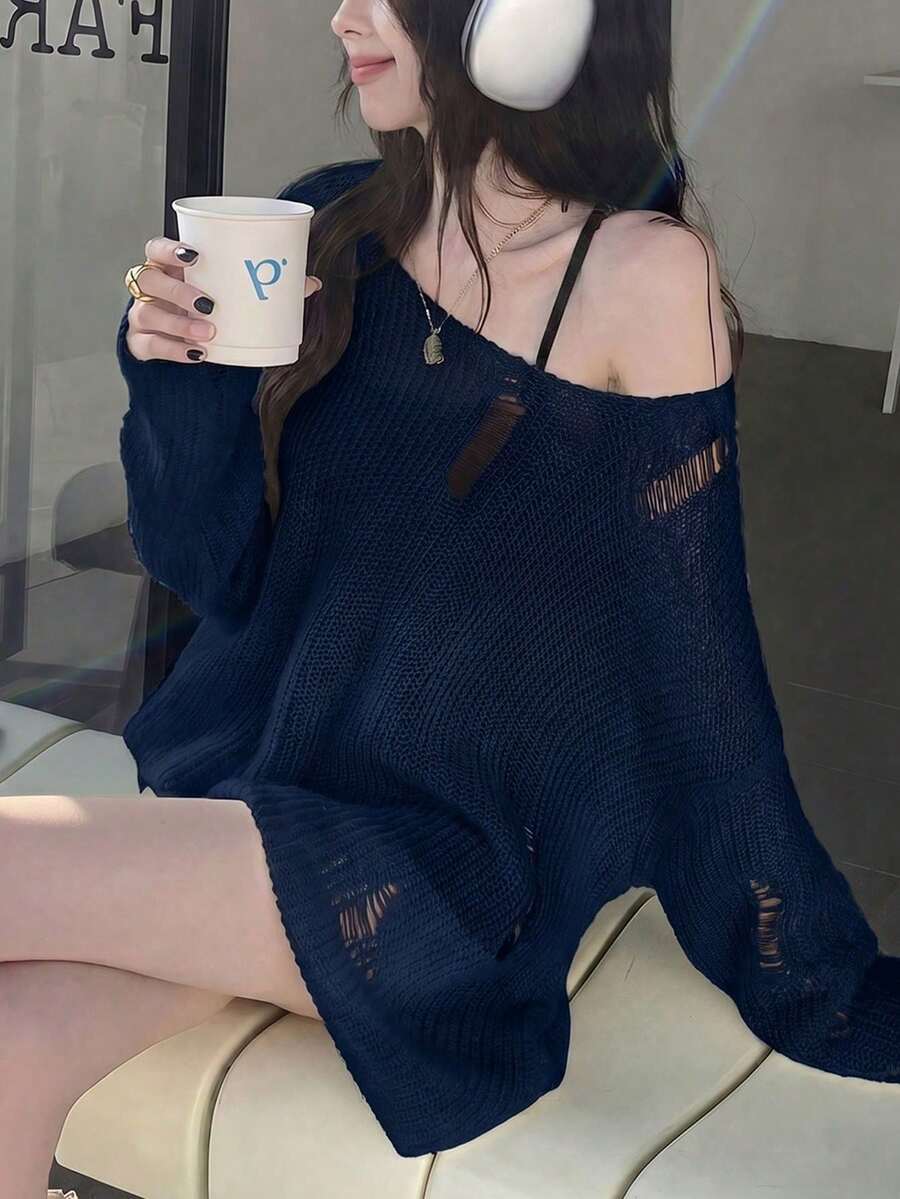 Sexy Minimalist Shoulder Cut-Out Distressed Design Pullover Sweater, Suitable For Going Out, Dates, Home, And Commuting, Autumn/Winter - Royal Blue - View 1